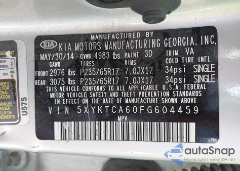 2015 Kia Sorento Lx из США, поврежденный, VIN 5XYKTCA60FG604459